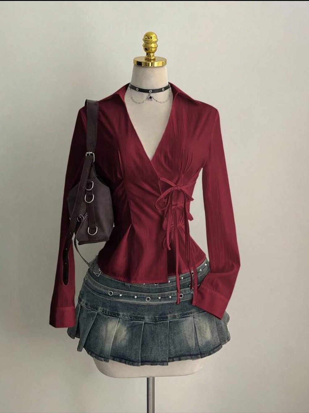 Tie-Waist Wrap Blouse in Burgundy